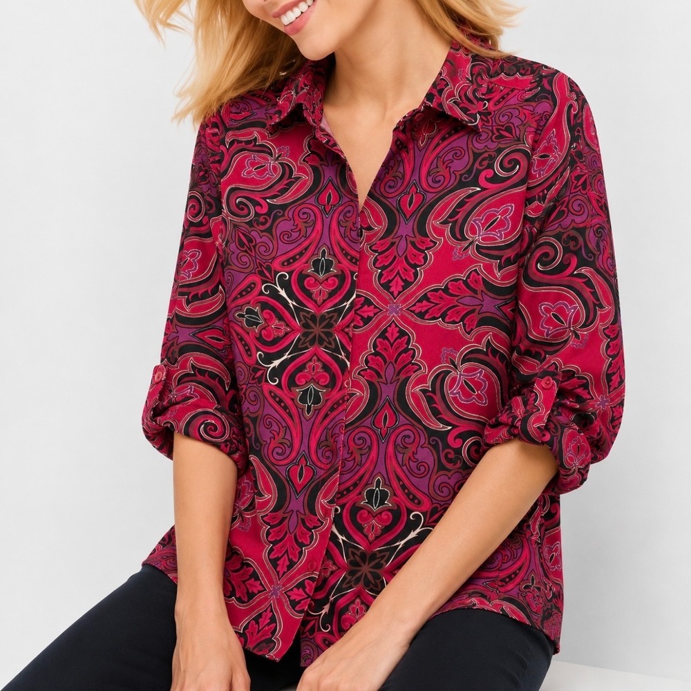 Chico's Pink Paisley Medallion Button Down Tunic Top Sz 1/US M Travel Classic